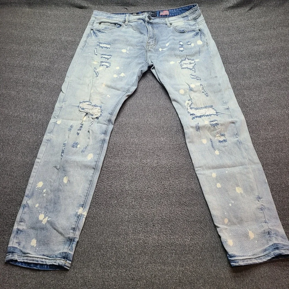 DAMATI Jeans Mens W38 Light Wash Distressed Paint Splatter Denim Straight Fit